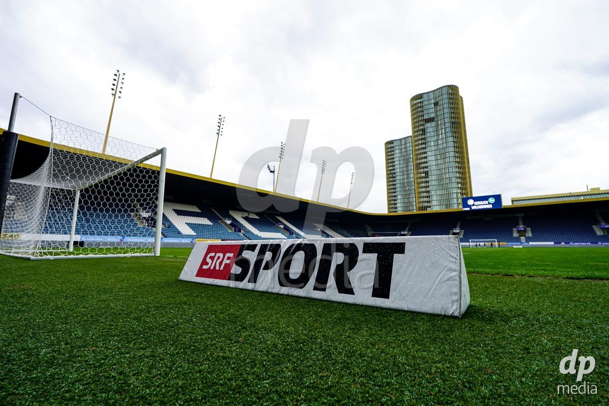 Luzern, Switzerland - August 28: SRF Sport logo shown on a board inside the stadium prior to the AXA Women's Super League match between FC Luzern and FC St. Gallen 1879 at thermoplan arena on August 28, 2026 in Luzern, Switzerland.