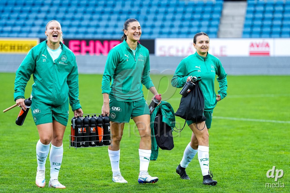 Luzern, Switzerland - August 28: Sina Cavelti, Naja Glanzmann of FC St. Gallen and Katharina Risch of FC St. Gallen arrive prior to the AXA Women's Super League match between FC Luzern and FC St. Gallen 1879 at thermoplan arena on August 28, 2026 in Luzern, Switzerland.