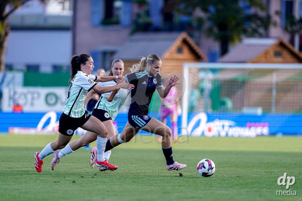 Yverdon-les-Bains, Switzerland - August 29: Ella Ljustina of GC Frauenfussball (R) in action during the AXA Women's Super League match between FC Yverdon Women and GC Frauenfussball at Stade Municipal on August 29, 2026 in Yverdon-les-Bains, Switzerland.