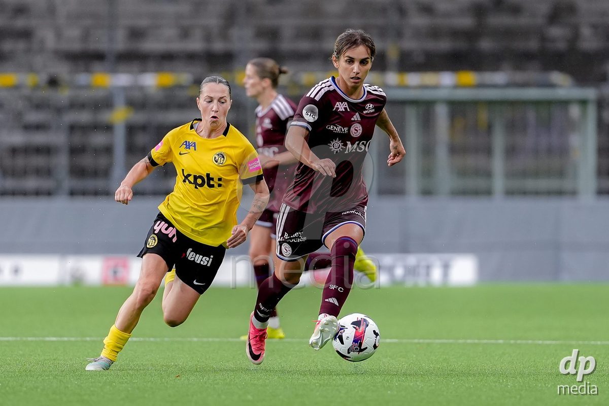 Switzerland: AXA Womens Super League 2026/27, BSC YB Frauen vs Servette FC Chenois Feminin - Wankdorf Stadium, Bern: Natasa Andonova (NataÅ¡a Andonova) (7 Servette FC Chenois Feminin), right, and Lisa Josten (24 BSC YB Frauen), left, in action.