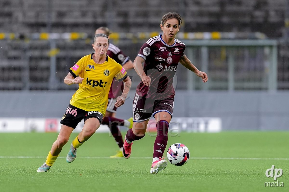 Switzerland: AXA Womens Super League 2026/27, BSC YB Frauen vs Servette FC Chenois Feminin - Wankdorf Stadium, Bern: Natasa Andonova (NataÅ¡a Andonova) (7 Servette FC Chenois Feminin), right, and Lisa Josten (24 BSC YB Frauen), left, in action.