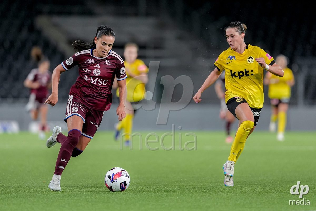 Switzerland: AXA Womens Super League 2026/27, BSC YB Frauen vs Servette FC Chenois Feminin - Wankdorf Stadium, Bern: Wibke Meister (18 BSC YB Frauen), right, and Meriame Terchoun (25 Servette FC Chenois Feminin), left, in action.