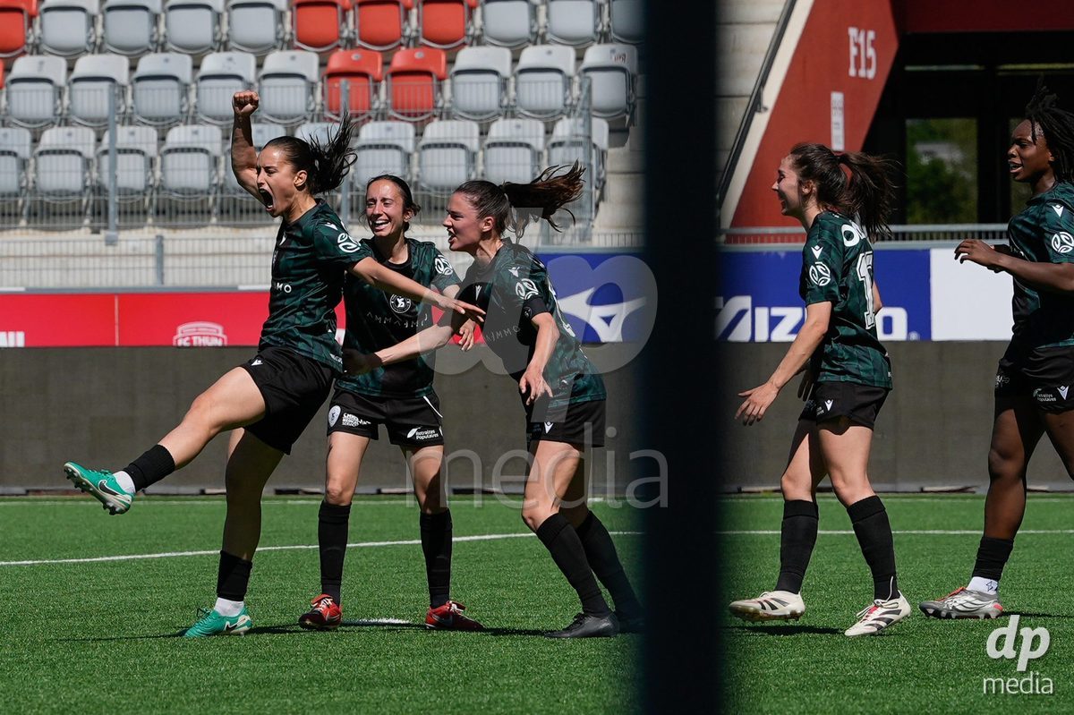 Schweiz: AXA Women's Super League 2025/26, FC Thun vs Yverdon Sport FC - Stockhorn Arena, Thun: IInes Khiri (9 Yverdon) jubelt nach ihrem Tor zum 2:2 mit dem Team