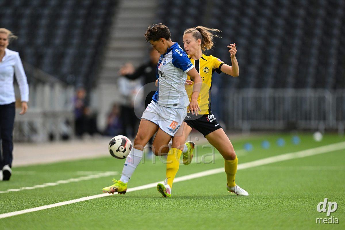 17/05/2025, Bern, Stadion Wankdorf, Women's Super League Final 2: BSC YB Frauen - GC Frauenfussball,  #15 Leana Zaugg (BSC YB Frauen) in duel with #16 Emanuela Pfister (GC)
