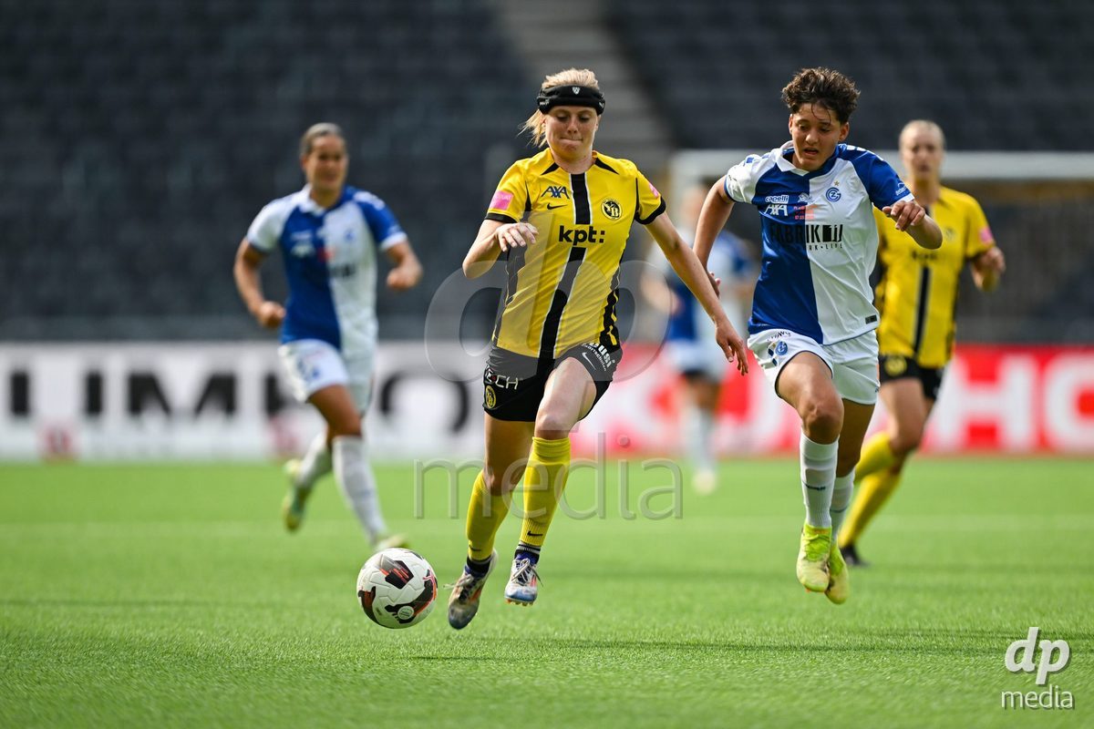 17/05/2025, Bern, Stadion Wankdorf, Women's Super League Final 2: BSC YB Frauen - GC Frauenfussball,  #16 Emanuela Pfister (Grasshopper Club Zurich) in duel with #23 Wianda Ellen Douma (Young Boys)