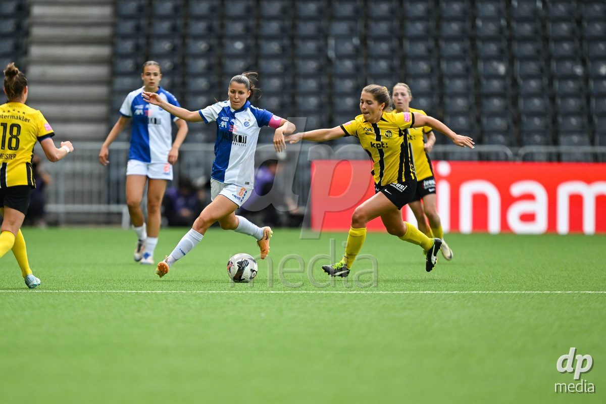 17/05/2025, Bern, Stadion Wankdorf, Women's Super League Final 2: BSC YB Frauen - GC Frauenfussball, #14 Courtney Aliza Strode (Young Boys) in duel with #6 Luna Lemperiere (GC)