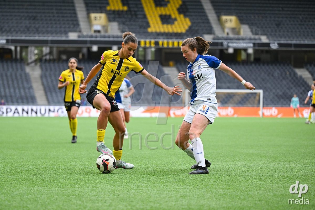 17/05/2025, Bern, Stadion Wankdorf, Women's Super League Final 2: BSC YB Frauen - GC Frauenfussball,  #4 Victoria Laino (Grasshopper Club Zurich, right) against #10 Iman Beney (BSC YB Frauen, left)
