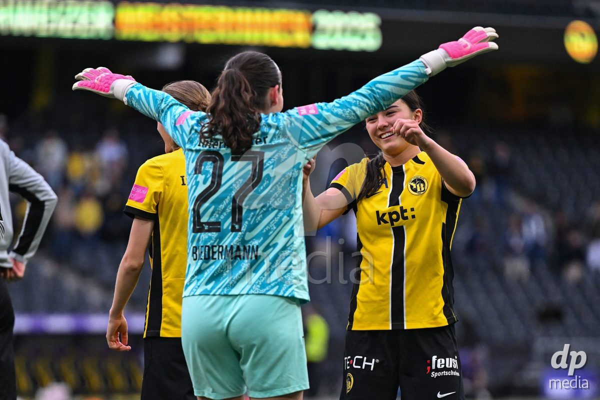 17/05/2025, Bern, Stadion Wankdorf, Women's Super League Final 2: BSC YB Frauen - GC Frauenfussball,  #7 Naomi Luyet (BSC YB Frauen) with #27 Tamara Biedermann (Young Boys) after the game