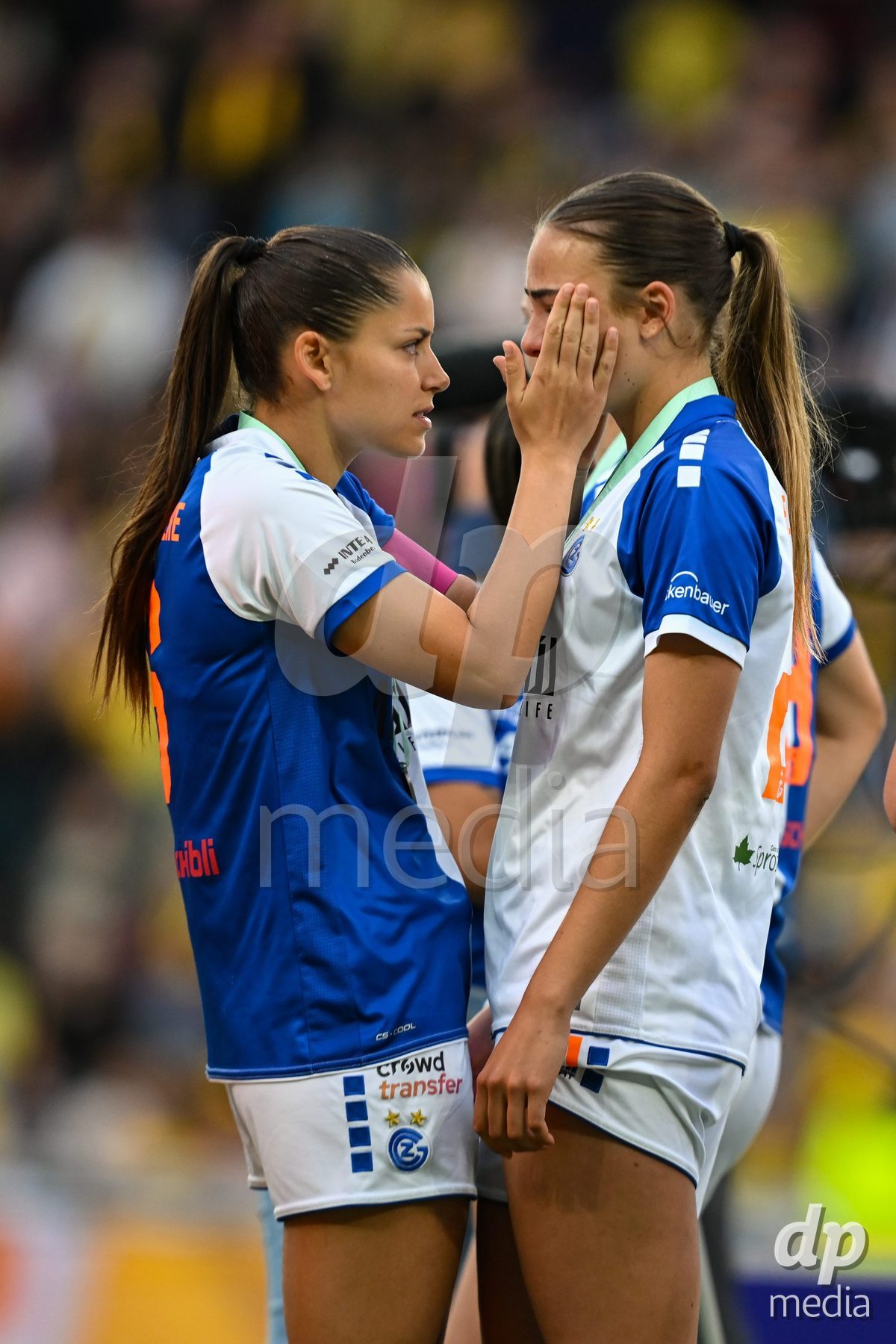 17/05/2025, Bern, Stadion Wankdorf, Women's Super League Final 2: BSC YB Frauen - GC Frauenfussball,  #6 Luna Lemperiere (Grasshopper Club Zurich) with #21 Emma Egli (GC) after the game