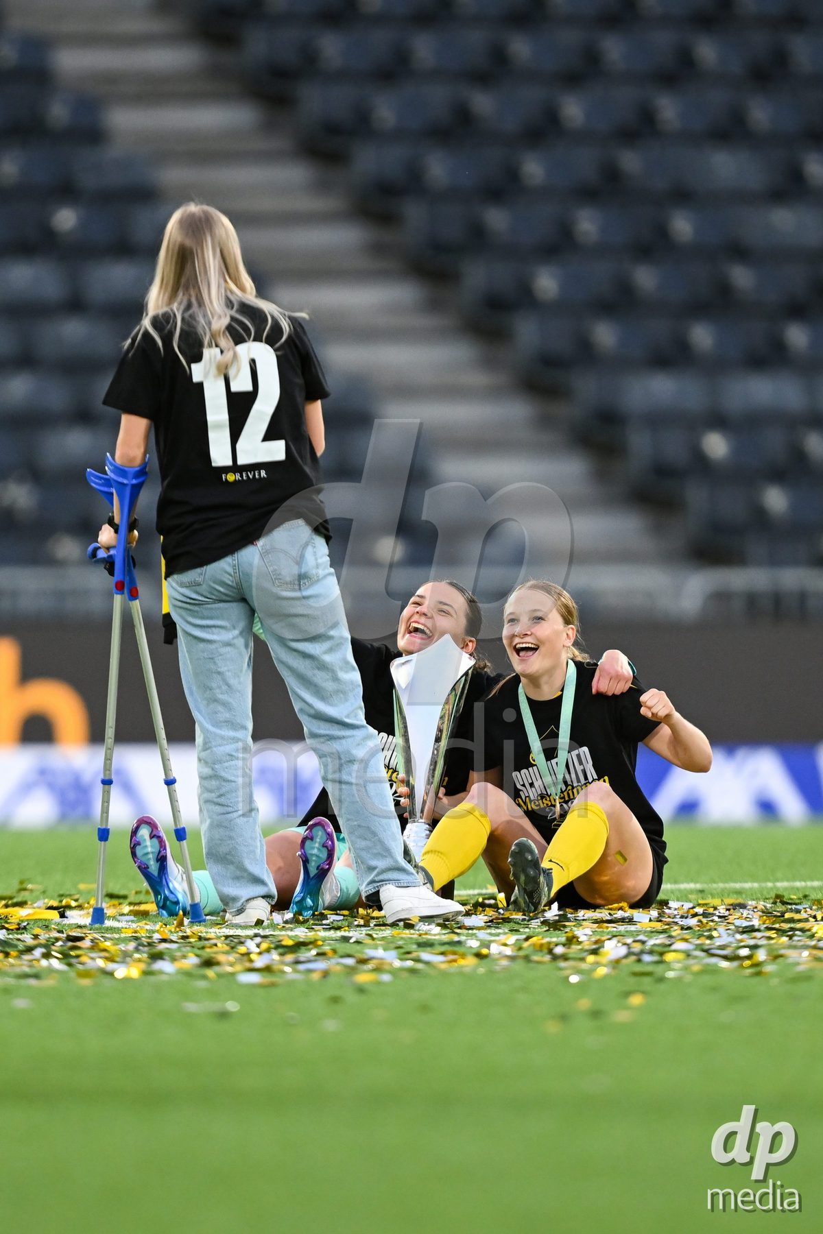 17/05/2025, Bern, Stadion Wankdorf, Women's Super League Final 2: BSC YB Frauen - GC Frauenfussball,  #8 Noa Linn Munger (BSC YB Frauen) with #27 Tamara Biedermann (Young Boys) on the pitch after the game
