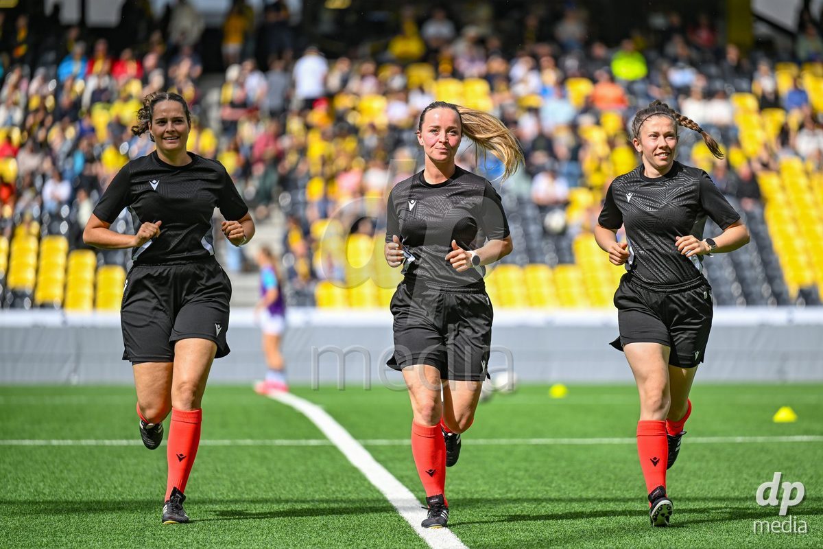 Referee Vanessa Mühlheim with assistant Anthea Bourgeois and Natasha Huber at warm up before the Axa Womens Super League Football game between BSC Young Boys Frauen and FC Zürich Frauen at Wankdorf Stadium in Bern, Switzerland.