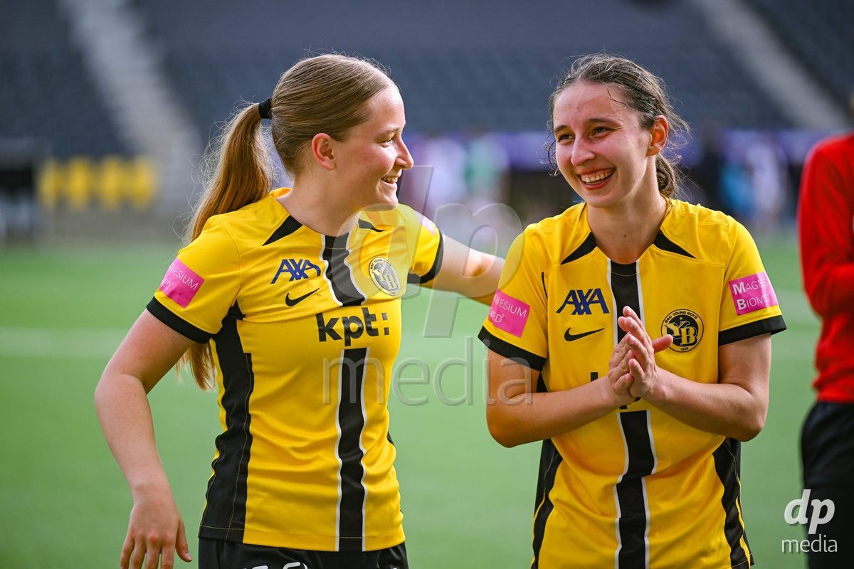 Noa Linn Munger (8 Young Boys) and Audrey Remy (19 Young Boys) after wining the the Axa Womens Super League Football semifinal between BSC Young Boys Frauen and FC Zürich Frauen at Wankdorf Stadium in Bern, Switzerland.