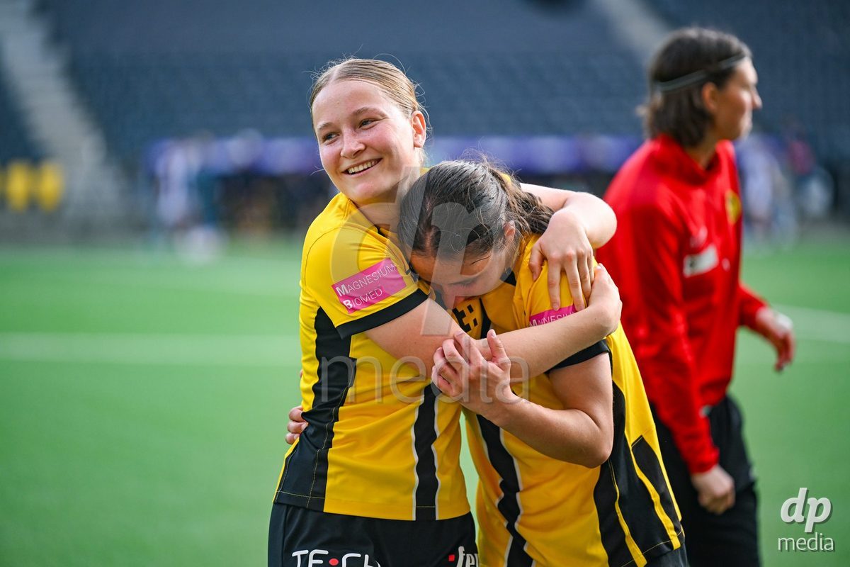 Noa Linn Munger (8 Young Boys) and Audrey Remy (19 Young Boys) after wining the the Axa Womens Super League Football semifinal between BSC Young Boys Frauen and FC Zürich Frauen at Wankdorf Stadium in Bern, Switzerland.