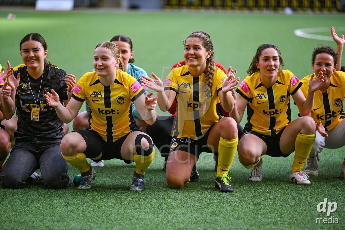 Courtney Aliza Strode (14 Young Boys), Noa Linn Munger (8 Young Boys) and the team after wining the the Axa Womens Super League Football semifinal between BSC Young Boys Frauen and FC Zürich Frauen at Wankdorf Stadium in Bern, Switzerland.