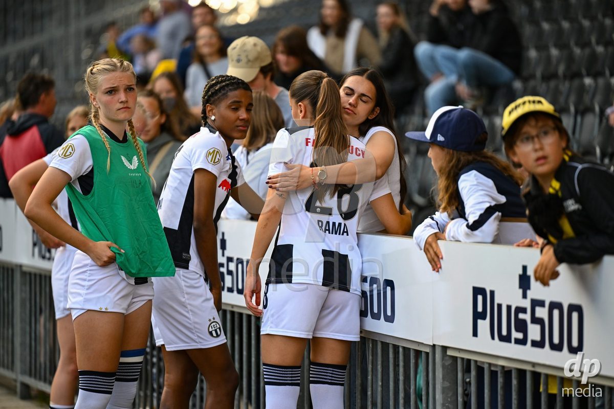 Alketa Rama (28 Zurich), Sury Alichy Pallotta Gil (30 Zurich) and Romy Baraniak (25 Zurich) after loosing the the Axa Womens Super League Football semifinal between BSC Young Boys Frauen and FC Zürich Frauen at Wankdorf Stadium in Bern, Switzerland.