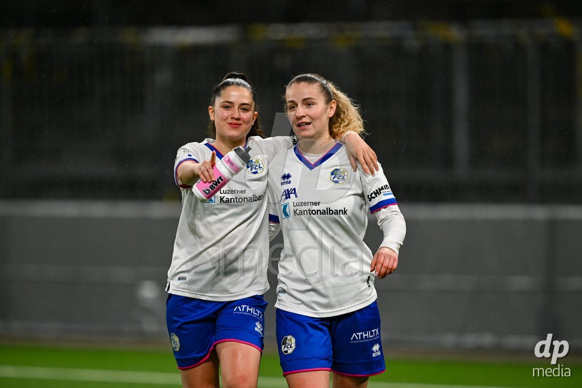 17.04.2025, Bern, Stadion Wankdorf, Women's Super League Quarterfinal 2: BSC YB Frauen - FC Luzern,  #5 Caterina Tramezzani (FC Luzern) with #17 Jennie Marie Egeriis (Luzern)
