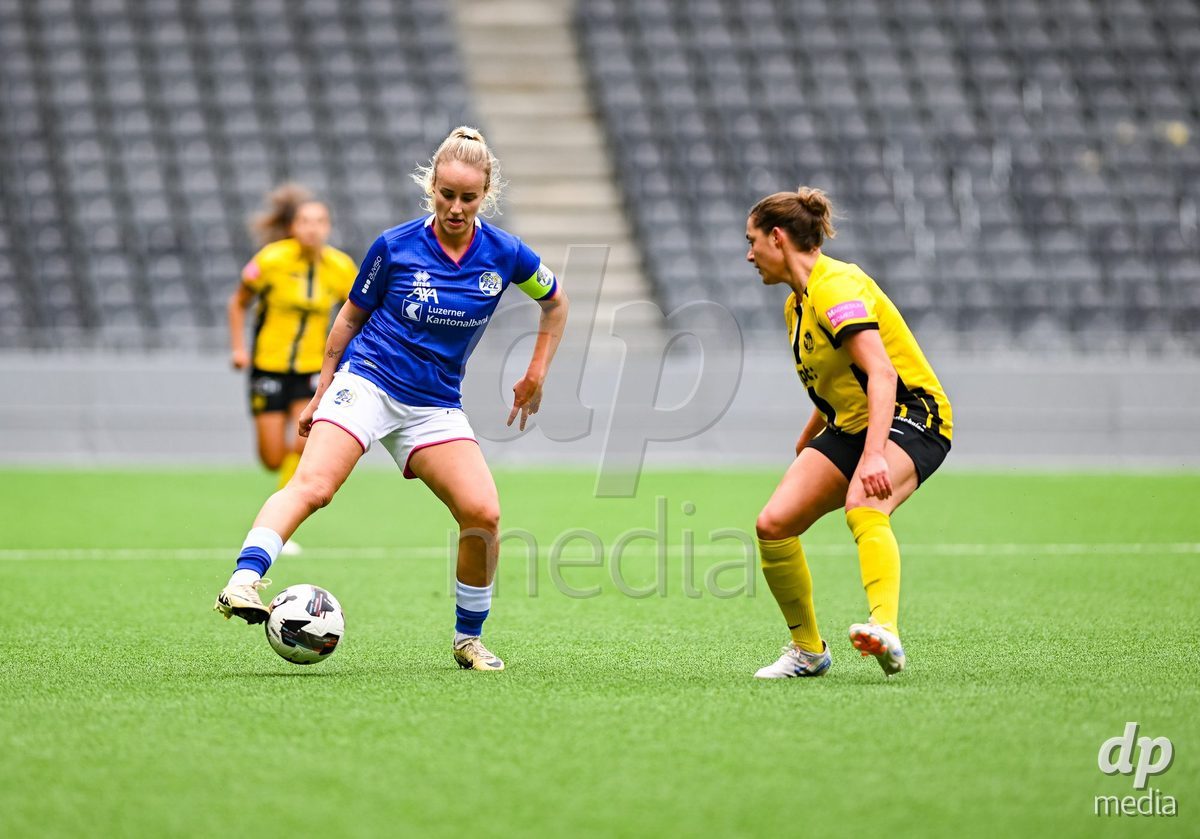 29/09/2024, Bern, Stadion Wankdorf, Women's Super League: BSC YB Frauen - FC Luzern,  #16 Barbara Reger (FC Luzern, left) against #18 Wibke Meister (BSC YB Frauen, right)