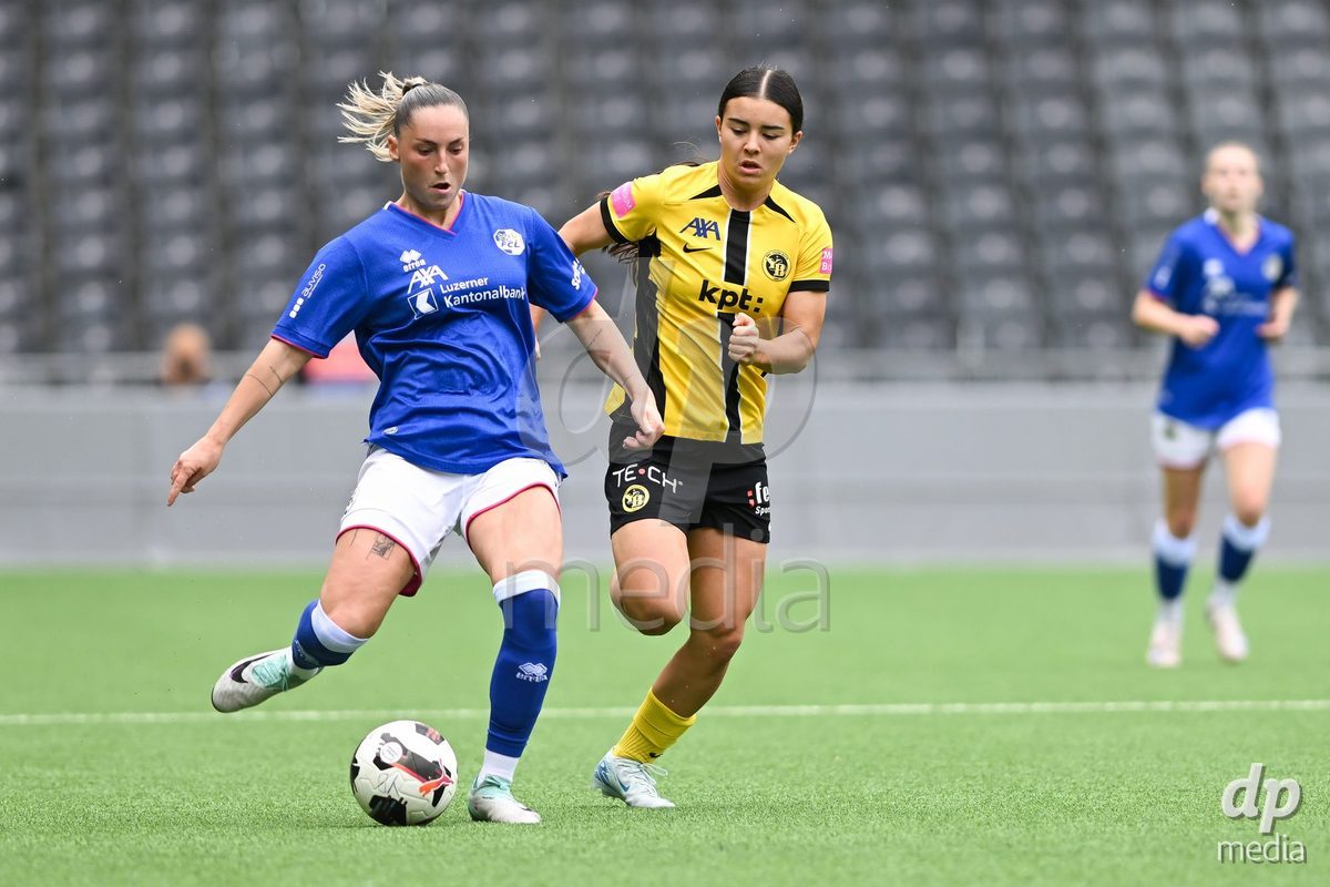 29/09/2024, Bern, Stadion Wankdorf, Women's Super League: BSC YB Frauen - FC Luzern,  #14 Debora Vogl (FC Luzern, left) against #27 Naomi Luyet (BSC YB Frauen, right)