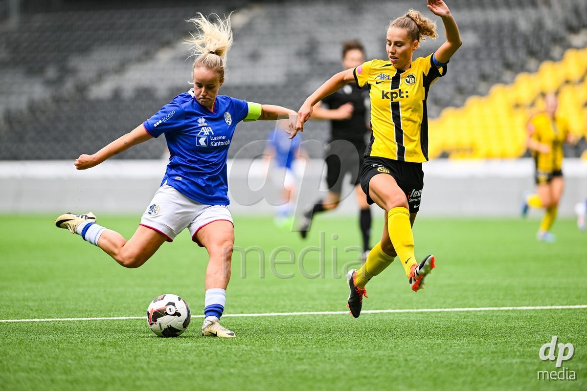 29/09/2024, Bern, Stadion Wankdorf, Women's Super League: BSC YB Frauen - FC Luzern,  #15 Leana Zaugg (BSC YB Frauen, right) against #16 Barbara Reger (FC Luzern, left)
