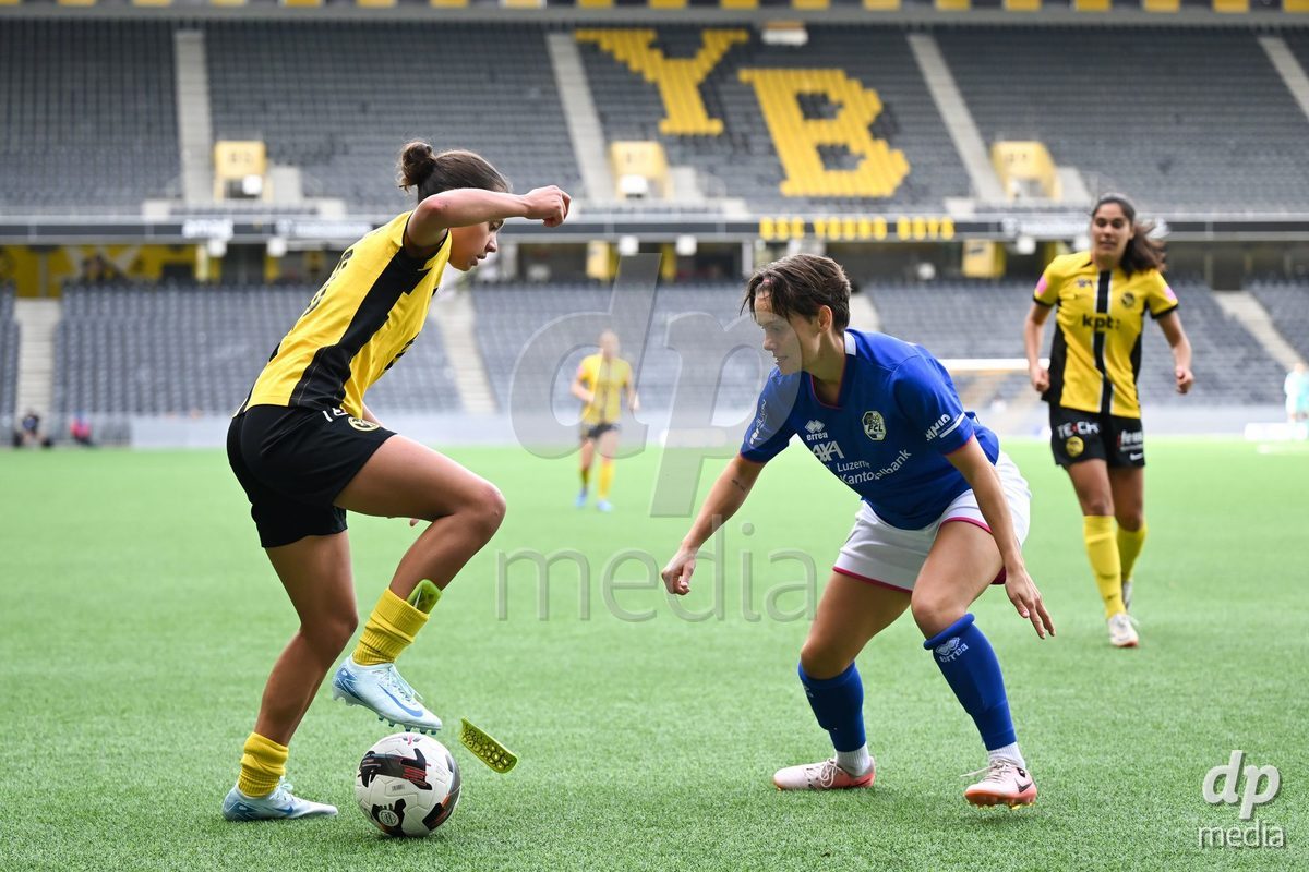 29/09/2024, Bern, Stadion Wankdorf, Women's Super League: BSC YB Frauen - FC Luzern,  #23 Bettina Brulhart (FC Luzern) and Iman Beney (YB) battle for the ball (duel)