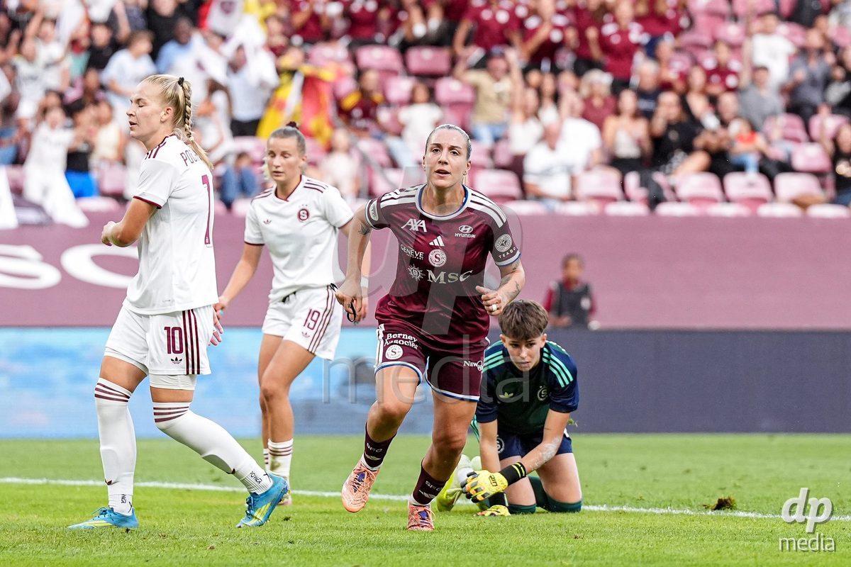 Geneva, Switzerland - September 2: Gloria Marinelli of Servette FC Chenois Feminin celebrates after scoring her team's second goal during the UEFA Women's Champions League match between Servette FC Chenois Feminin and AC Sparta Praha at Stade de Geneve on September 2, 2026 in Geneva, Switzerland.