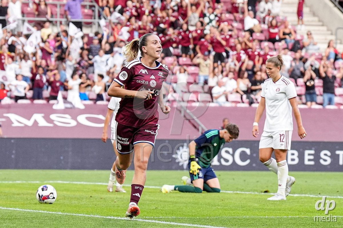 Geneva, Switzerland - September 2: Gloria Marinelli of Servette FC Chenois Feminin celebrates after scoring her team's second goal during the UEFA Women's Champions League match between Servette FC Chenois Feminin and AC Sparta Praha at Stade de Geneve on September 2, 2026 in Geneva, Switzerland.