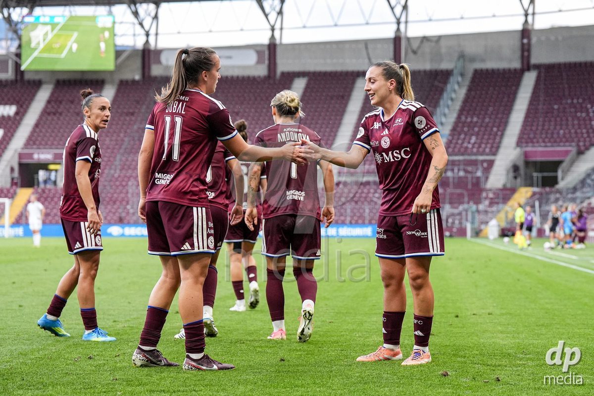 Geneva, Switzerland - September 2: Gloria Marinelli of Servette FC Chenois Feminin celebrates with teammates after scoring her team's second goal during the UEFA Women's Champions League match between Servette FC Chenois Feminin and AC Sparta Praha at Stade de Geneve on September 2, 2026 in Geneva, Switzerland.