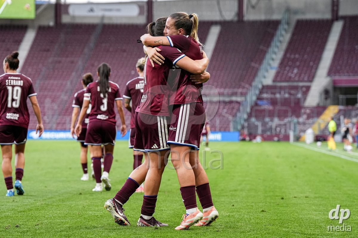 Geneva, Switzerland - September 2: Gloria Marinelli of Servette FC Chenois Feminin celebrates with teammates after scoring her team's second goal during the UEFA Women's Champions League match between Servette FC Chenois Feminin and AC Sparta Praha at Stade de Geneve on September 2, 2026 in Geneva, Switzerland.