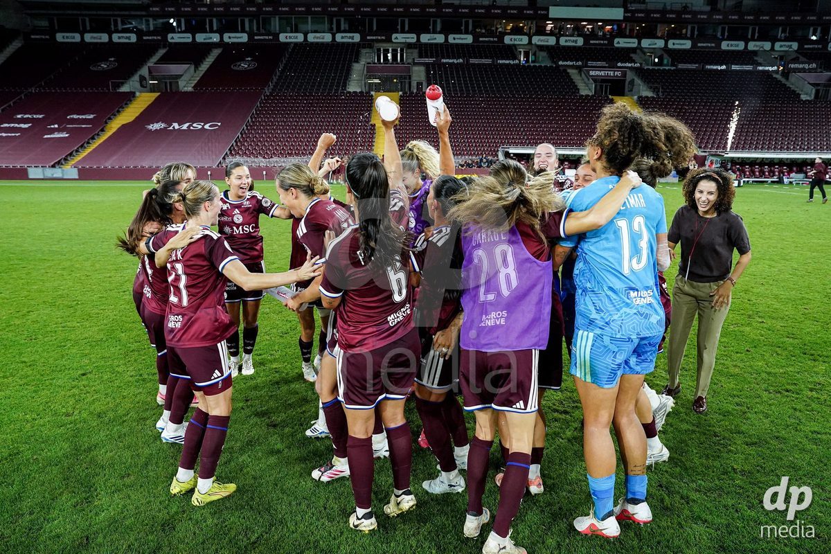 Geneva, Switzerland - September 2: Players of Servette celebrate the victory and entry into the UWCL during the UEFA Women's Champions League match between Servette FC Chenois Feminin and AC Sparta Praha at Stade de Geneve on September 2, 2026 in Geneva, Switzerland.