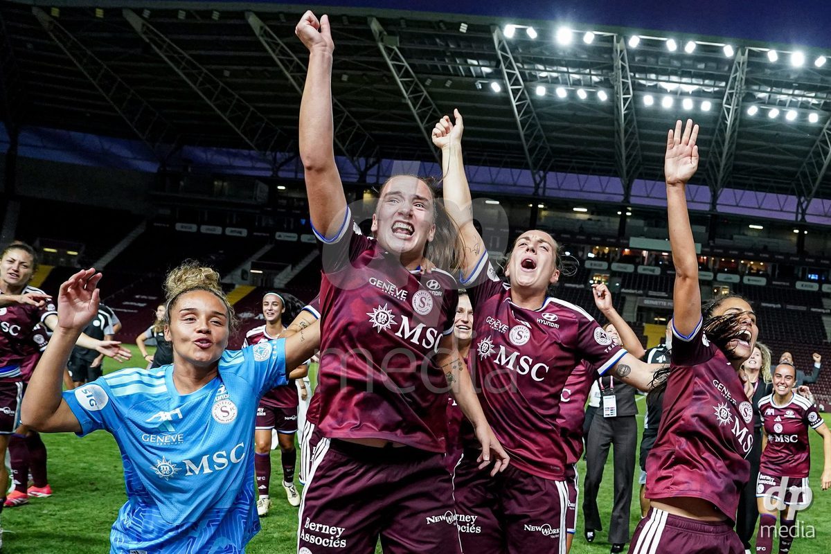 Geneva, Switzerland - September 2: Players of Servette celebrate the victory and entry into the UWCL during the UEFA Women's Champions League match between Servette FC Chenois Feminin and AC Sparta Praha at Stade de Geneve on September 2, 2026 in Geneva, Switzerland.