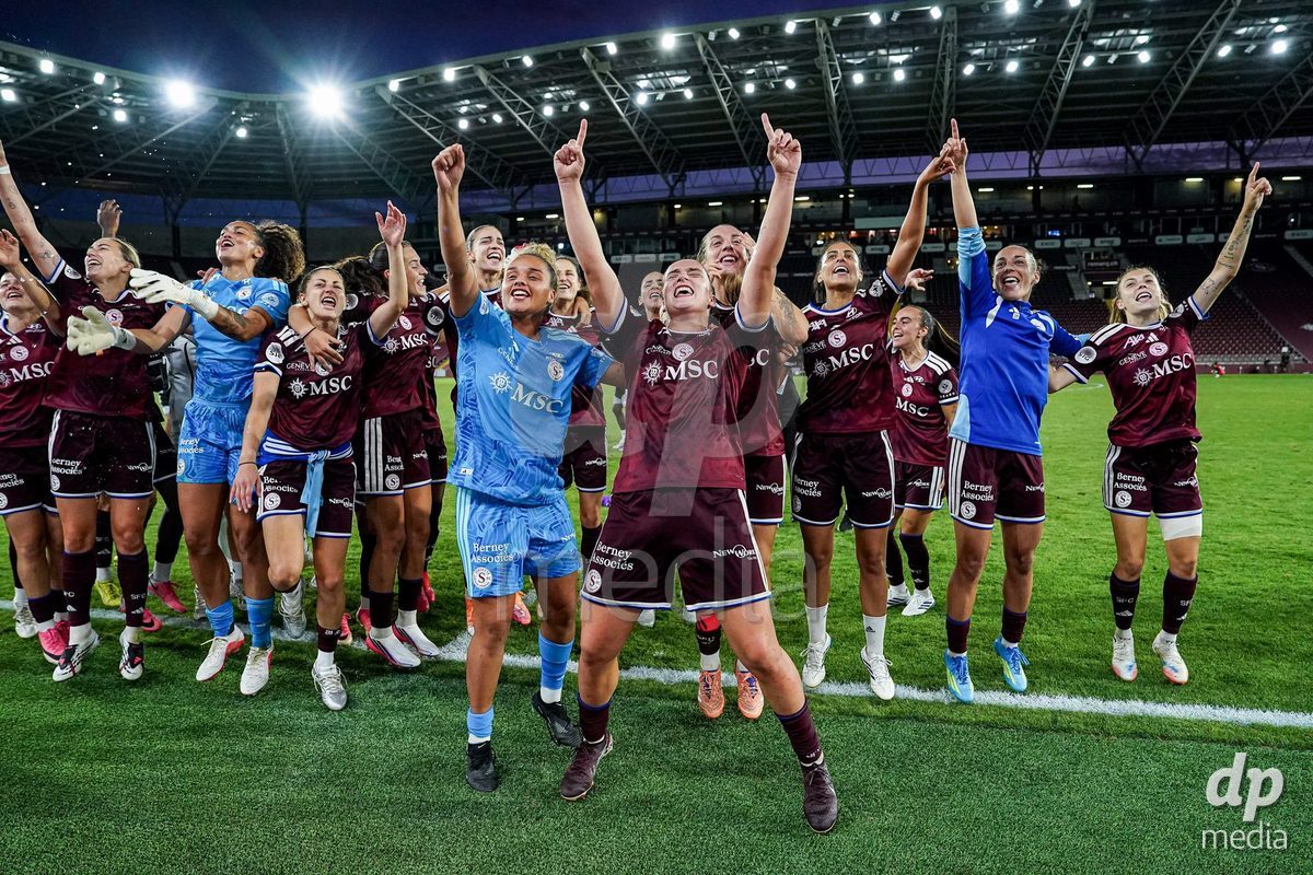 Geneva, Switzerland - September 2: Players of Servette celebrate the victory and entry into the UWCL during the UEFA Women's Champions League match between Servette FC Chenois Feminin and AC Sparta Praha at Stade de Geneve on September 2, 2026 in Geneva, Switzerland.