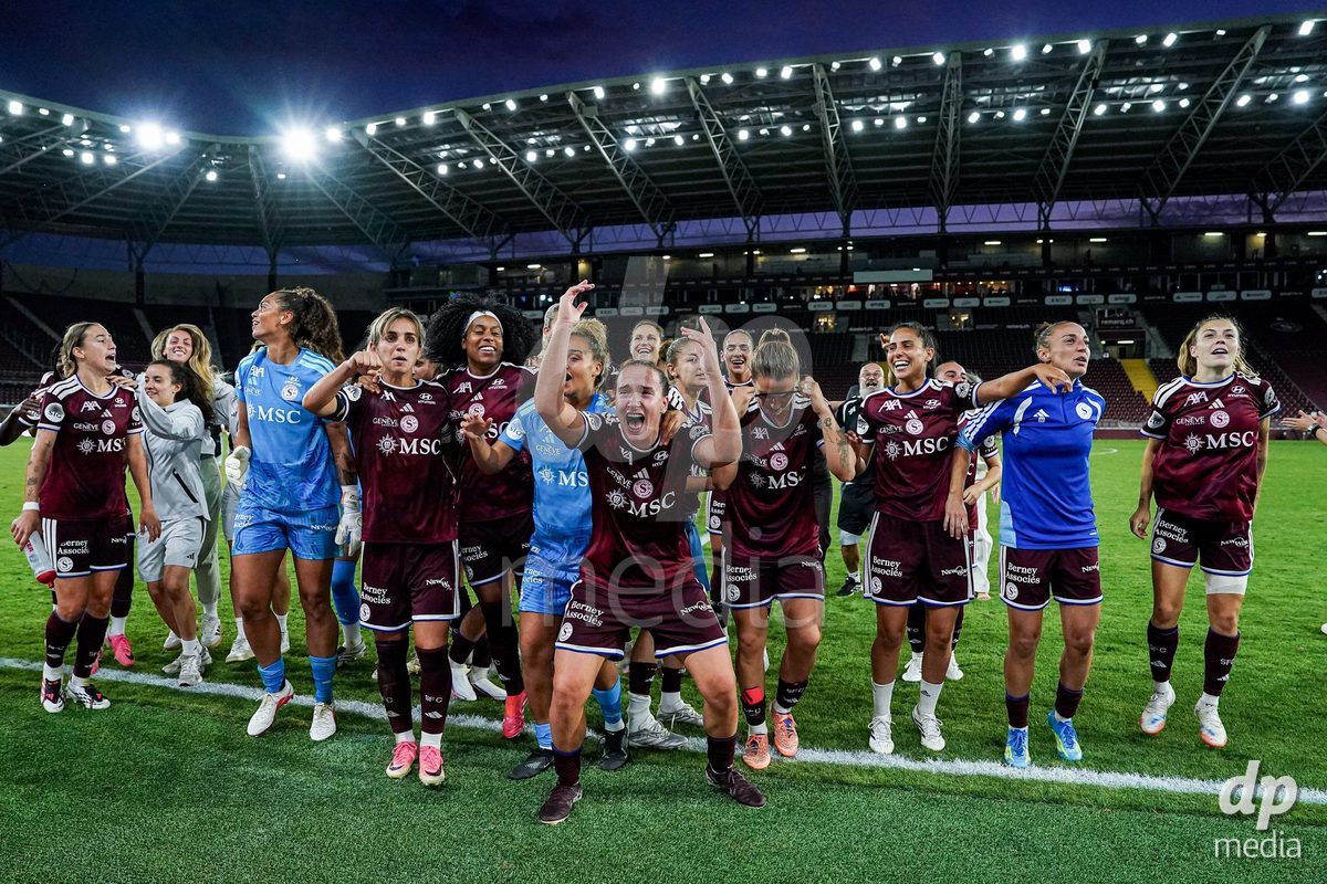 Geneva, Switzerland - September 2: Players of Servette celebrate the victory and entry into the UWCL during the UEFA Women's Champions League match between Servette FC Chenois Feminin and AC Sparta Praha at Stade de Geneve on September 2, 2026 in Geneva, Switzerland.