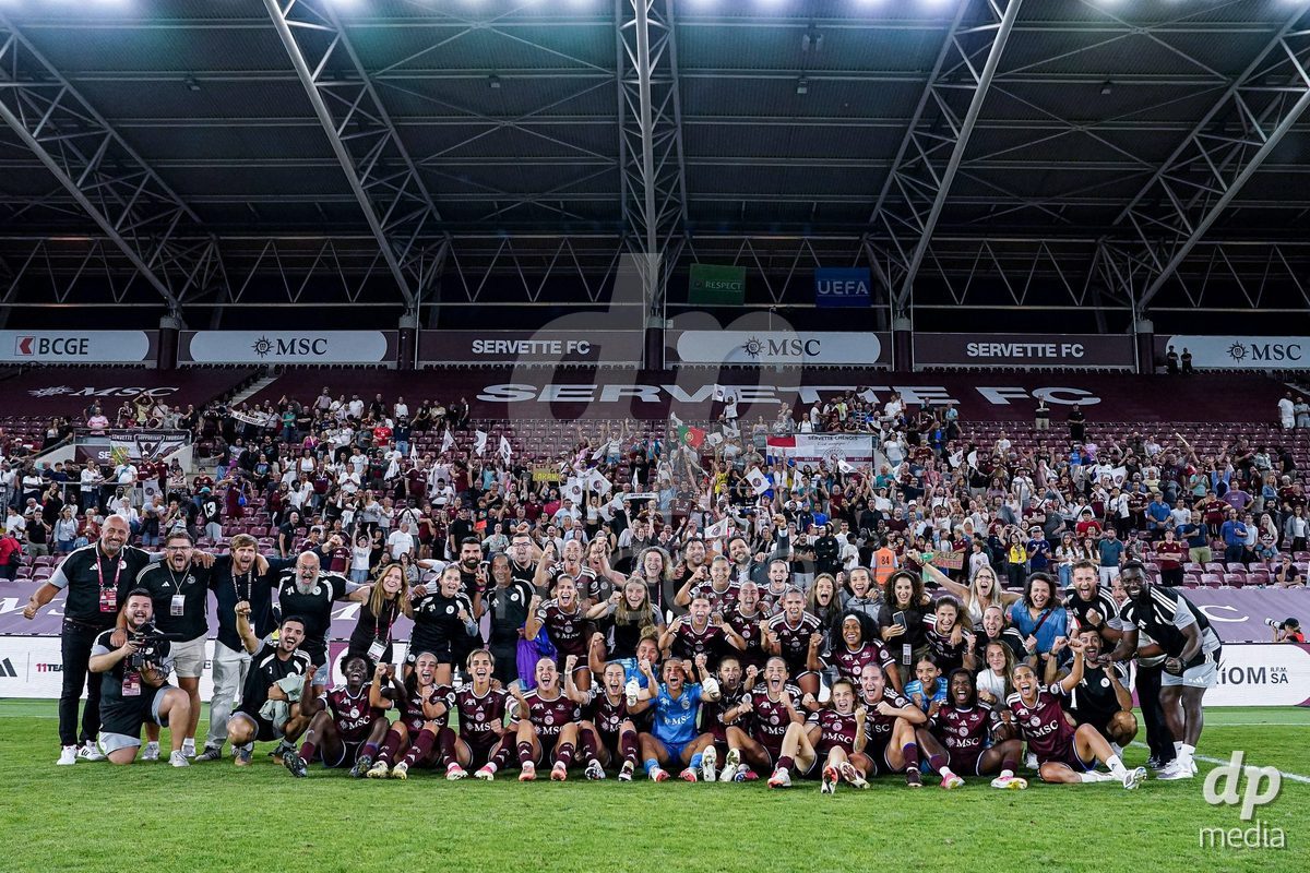 Geneva, Switzerland - September 2: Players of Servette celebrate the victory and entry into the UWCL during the UEFA Women's Champions League match between Servette FC Chenois Feminin and AC Sparta Praha at Stade de Geneve on September 2, 2026 in Geneva, Switzerland.