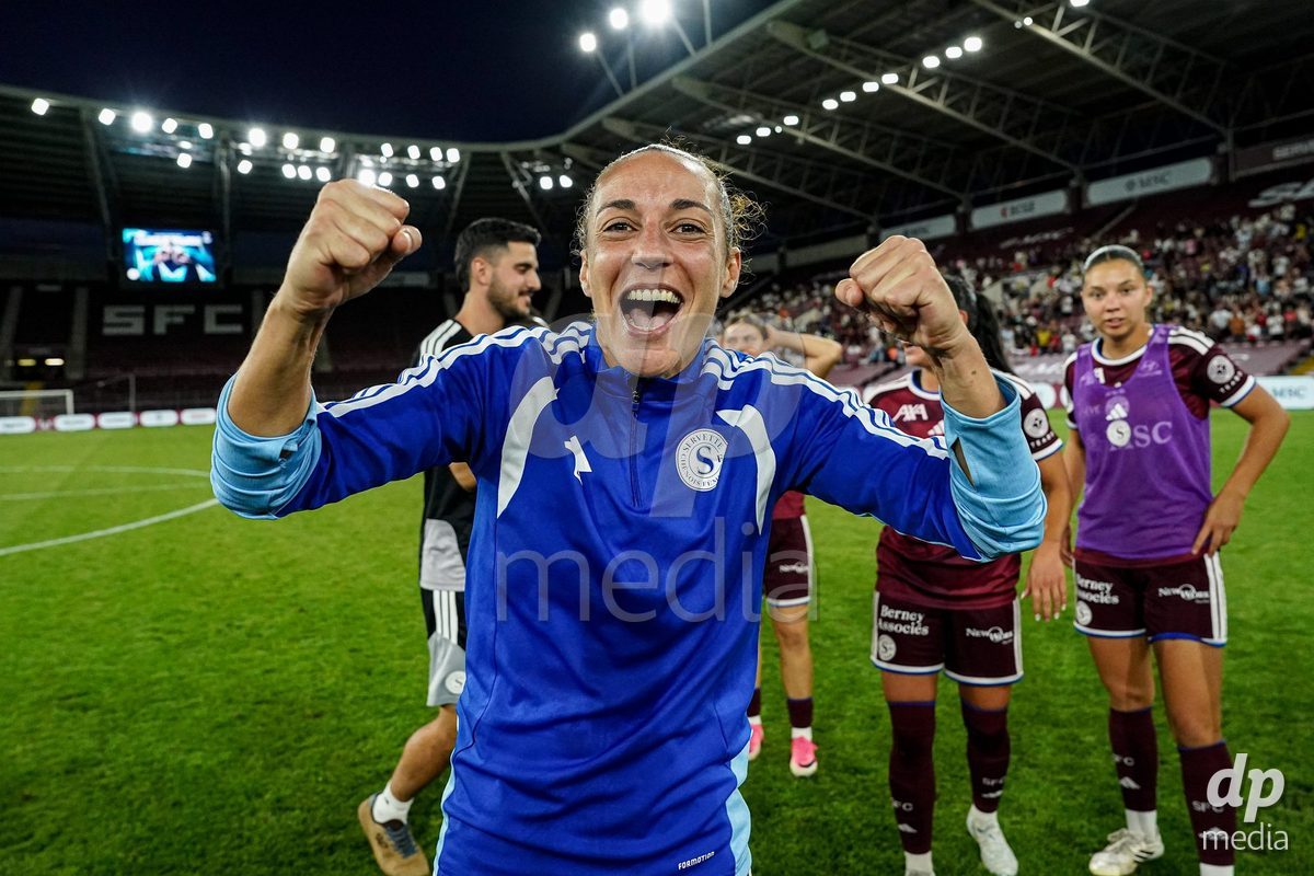 Geneva, Switzerland - September 2: Paula Serrano of Servette FC Chenois Feminin celebrates the victory during the UEFA Women's Champions League match between Servette FC Chenois Feminin and AC Sparta Praha at Stade de Geneve on September 2, 2026 in Geneva, Switzerland.