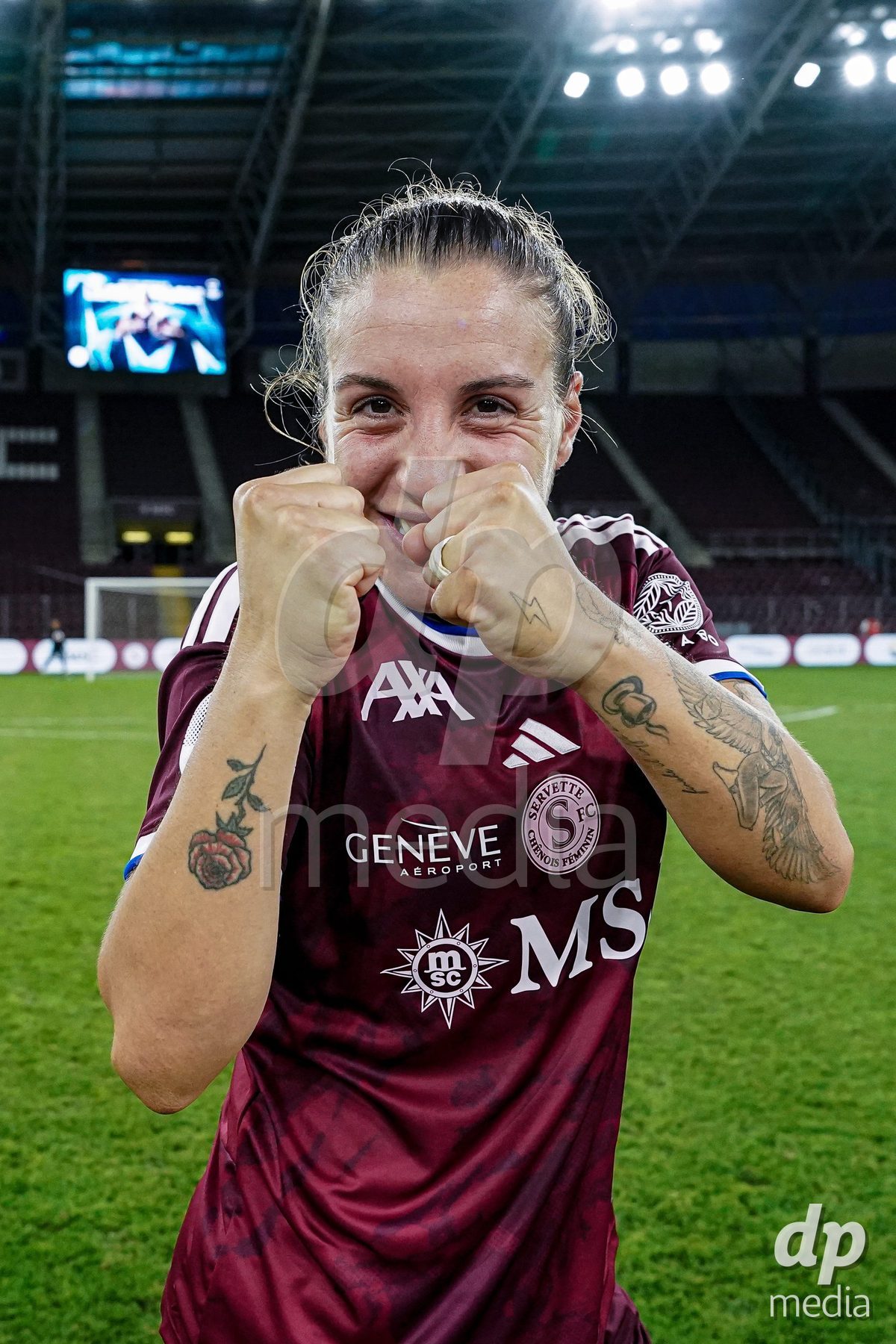 Geneva, Switzerland - September 2: Gloria Marinelli of Servette FC Chenois Feminin celebrates the victory and entry into the UWCL group phase during the UEFA Women's Champions League match between Servette FC Chenois Feminin and AC Sparta Praha at Stade de Geneve on September 2, 2026 in Geneva, Switzerland.
