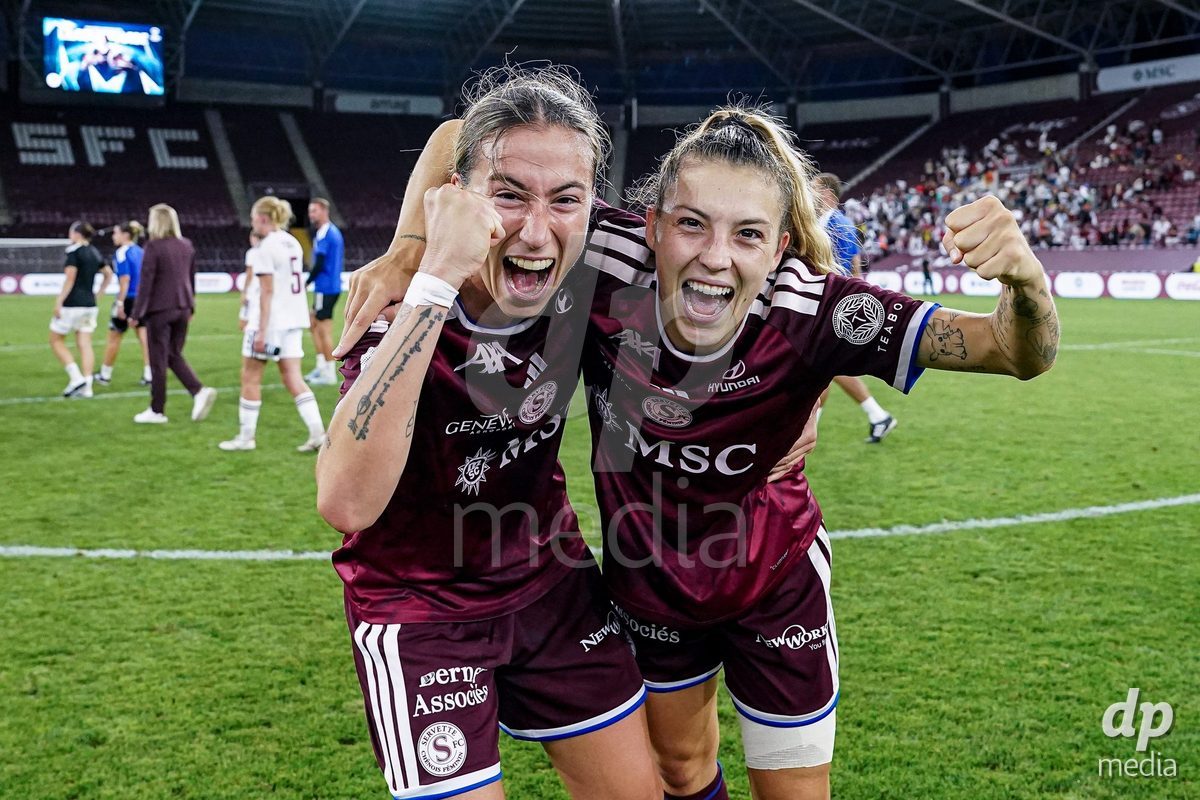 Geneva, Switzerland - September 2: Laia Balleste Sciora of Servette FC Chenois Feminin (L) and Ascension Martinez Salinas of Servette FC Chenois Feminin (R) celebrate the victory  during the UEFA Women's Champions League match between Servette FC Chenois Feminin and AC Sparta Praha at Stade de Geneve on September 2, 2026 in Geneva, Switzerland.