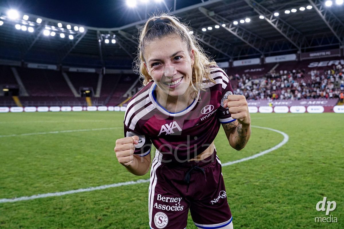 Geneva, Switzerland - September 2: Ascension Martinez Salinas of Servette FC Chenois Feminin celebrates the victory  during the UEFA Women's Champions League match between Servette FC Chenois Feminin and AC Sparta Praha at Stade de Geneve on September 2, 2026 in Geneva, Switzerland.