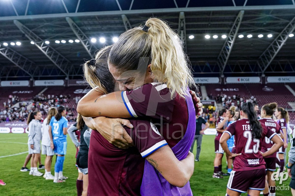 Geneva, Switzerland - September 2: Gloria Marinelli of Servette FC Chenois Feminin and Stefanie De Alem da Eira of Servette FC Chenois Feminin celebrates the victory  during the UEFA Women's Champions League match between Servette FC Chenois Feminin and AC Sparta Praha at Stade de Geneve on September 2, 2026 in Geneva, Switzerland.