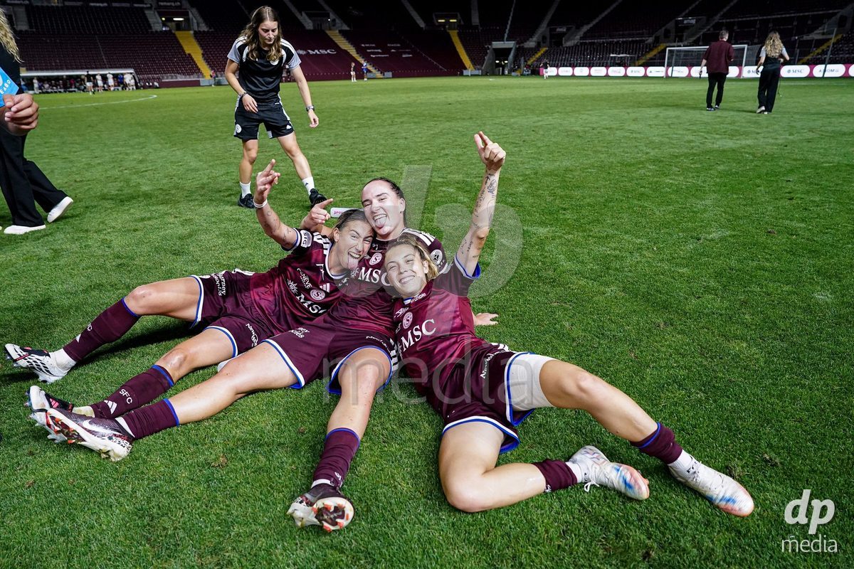 Geneva, Switzerland - September 2: Laia Balleste Sciora, Magdalena Izabela Sobal and Ascension Martinez Salinas of Servette FC Chenois Feminin (L-R) celebrate the victory  during the UEFA Women's Champions League match between Servette FC Chenois Feminin and AC Sparta Praha at Stade de Geneve on September 2, 2026 in Geneva, Switzerland.