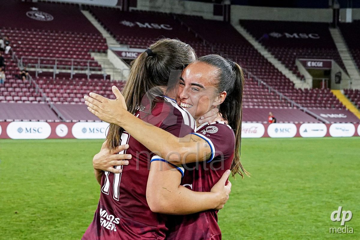 Geneva, Switzerland - September 2: Magdalena Izabela Sobal of Servette FC Chenois Feminin (L) and Joana Gaspar Da Silva Marchao of Servette FC Chenois Feminin (R) celebrate the victory and entry into  the UWCL league phase during the UEFA Women's Champions League match between Servette FC Chenois Feminin and AC Sparta Praha at Stade de Geneve on September 2, 2026 in Geneva, Switzerland.