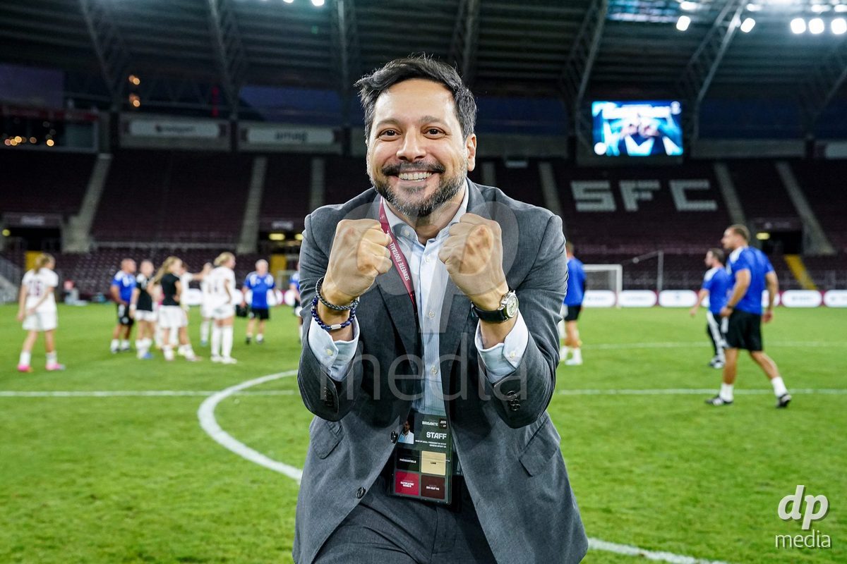 Geneva, Switzerland - September 2: President of Servette FCCF Yoann Brigante celebrates the victory and entry into the UWCL league phase during the UEFA Women's Champions League match between Servette FC Chenois Feminin and AC Sparta Praha at Stade de Geneve on September 2, 2026 in Geneva, Switzerland.