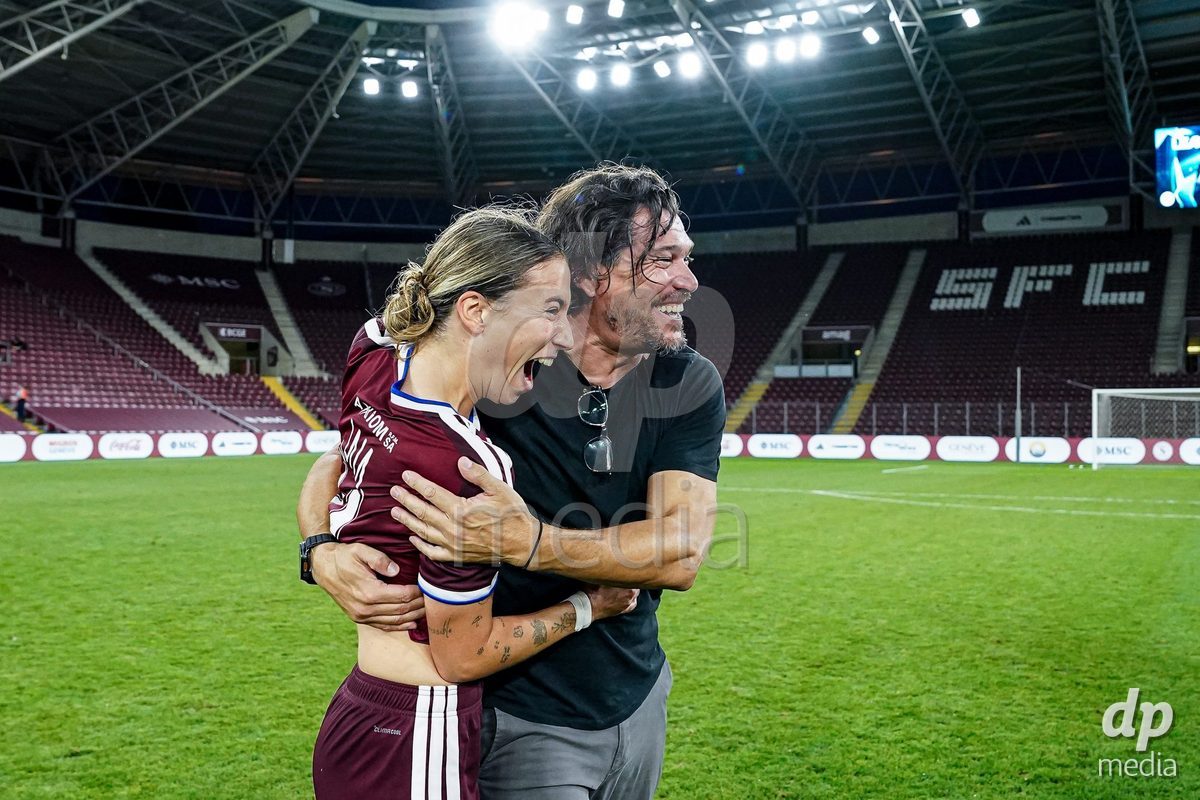 Geneva, Switzerland - September 2: Laia Balleste Sciora and Cristian Damian Toro, Head Coach of Servette FC Chenois Feminin celebrate the victory and entry into the UWCL league phase  during the UEFA Women's Champions League match between Servette FC Chenois Feminin and AC Sparta Praha at Stade de Geneve on September 2, 2026 in Geneva, Switzerland.
