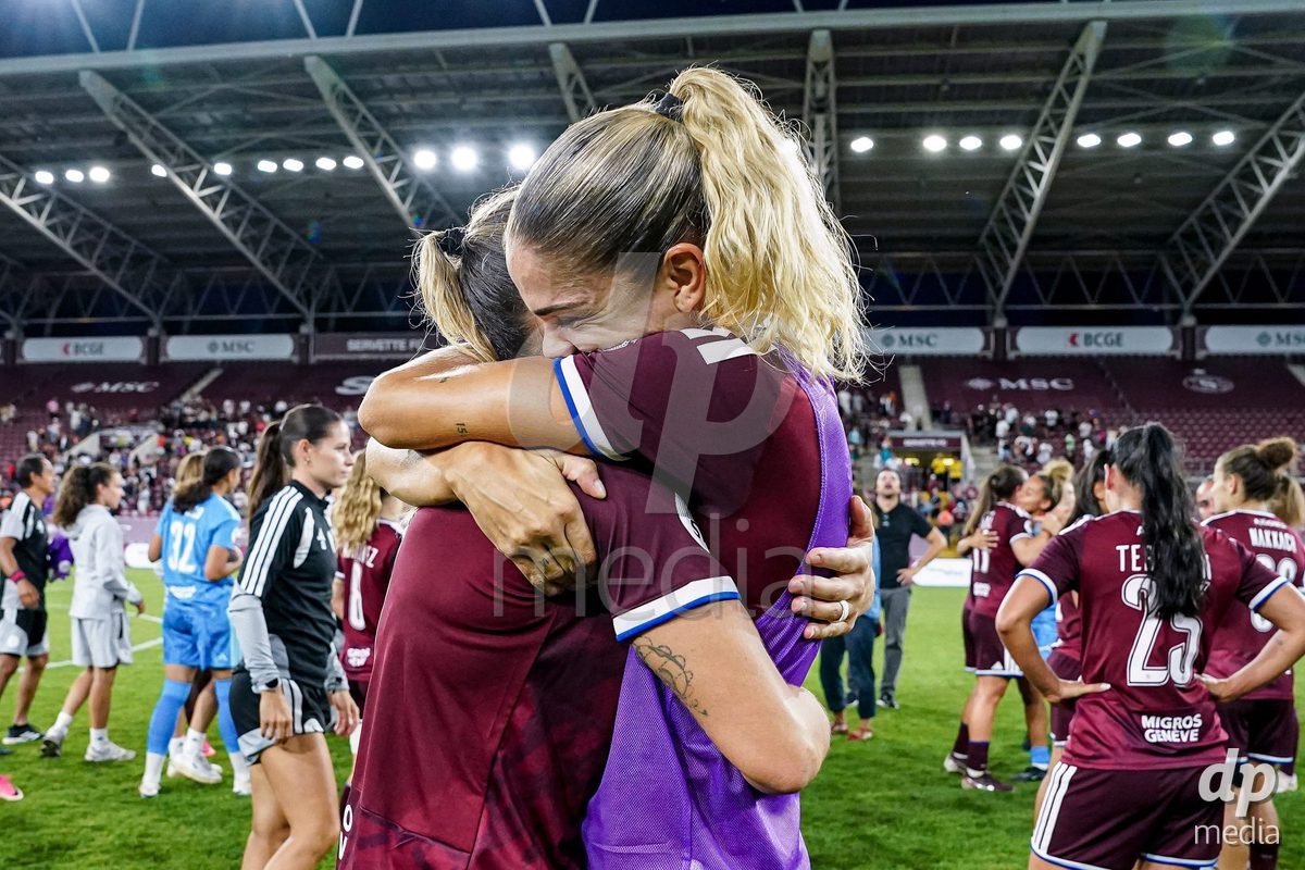 Geneva, Switzerland - September 2: Gloria Marinelli of Servette FC Chenois Feminin (L) and Stefanie De Alem da Eira of Servette FC Chenois Feminin (R) celebrate the victory and entry into the UWCL league phase during the UEFA Women's Champions League match between Servette FC Chenois Feminin and AC Sparta Praha at Stade de Geneve on September 2, 2026 in Geneva, Switzerland.