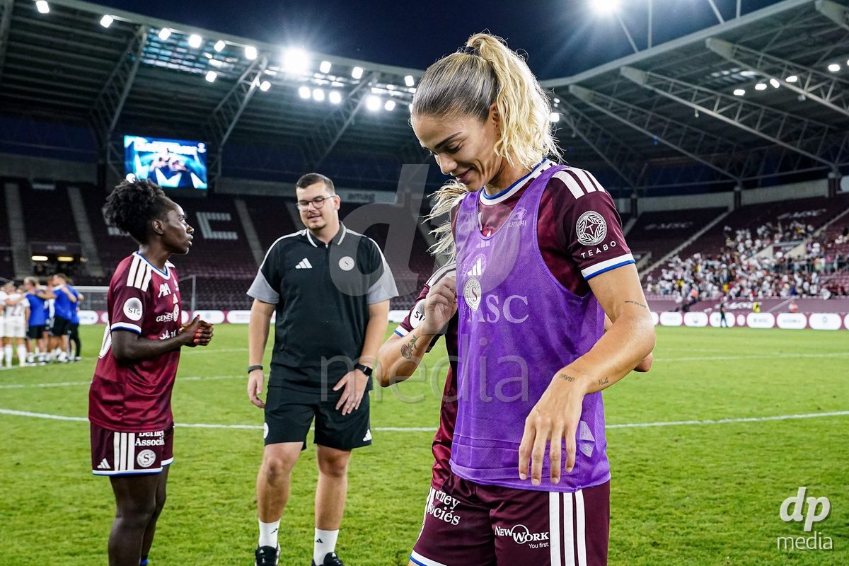 Geneva, Switzerland - September 2: Stefanie De Alem da Eira of Servette FC Chenois Feminin celebrates the victory and entry into the UWCL league phase  during the UEFA Women's Champions League match between Servette FC Chenois Feminin and AC Sparta Praha at Stade de Geneve on September 2, 2026 in Geneva, Switzerland.