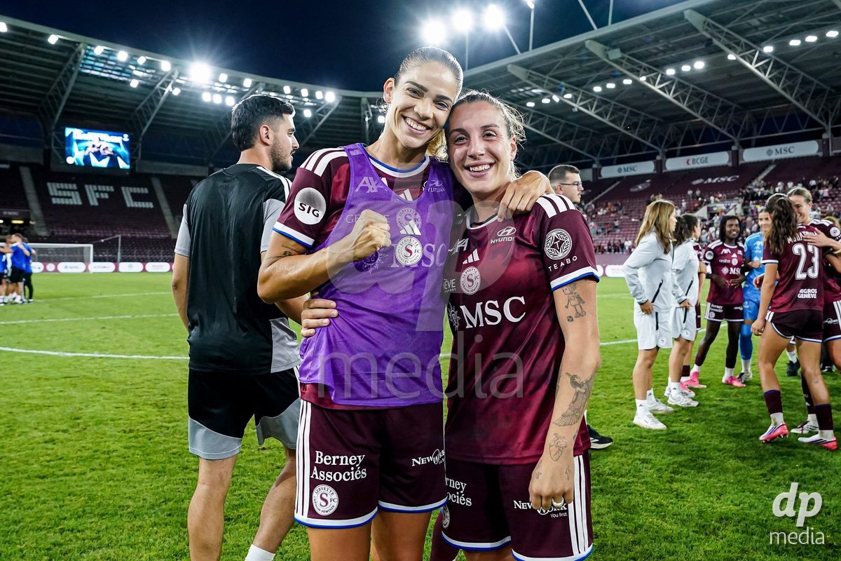 Geneva, Switzerland - September 2: Gloria Marinelli of Servette FC Chenois Feminin (LR and Stefanie De Alem da Eira of Servette FC Chenois Feminin (L) celebrate the victory and entry into the UWCL league phase during the UEFA Women's Champions League match between Servette FC Chenois Feminin and AC Sparta Praha at Stade de Geneve on September 2, 2026 in Geneva, Switzerland.