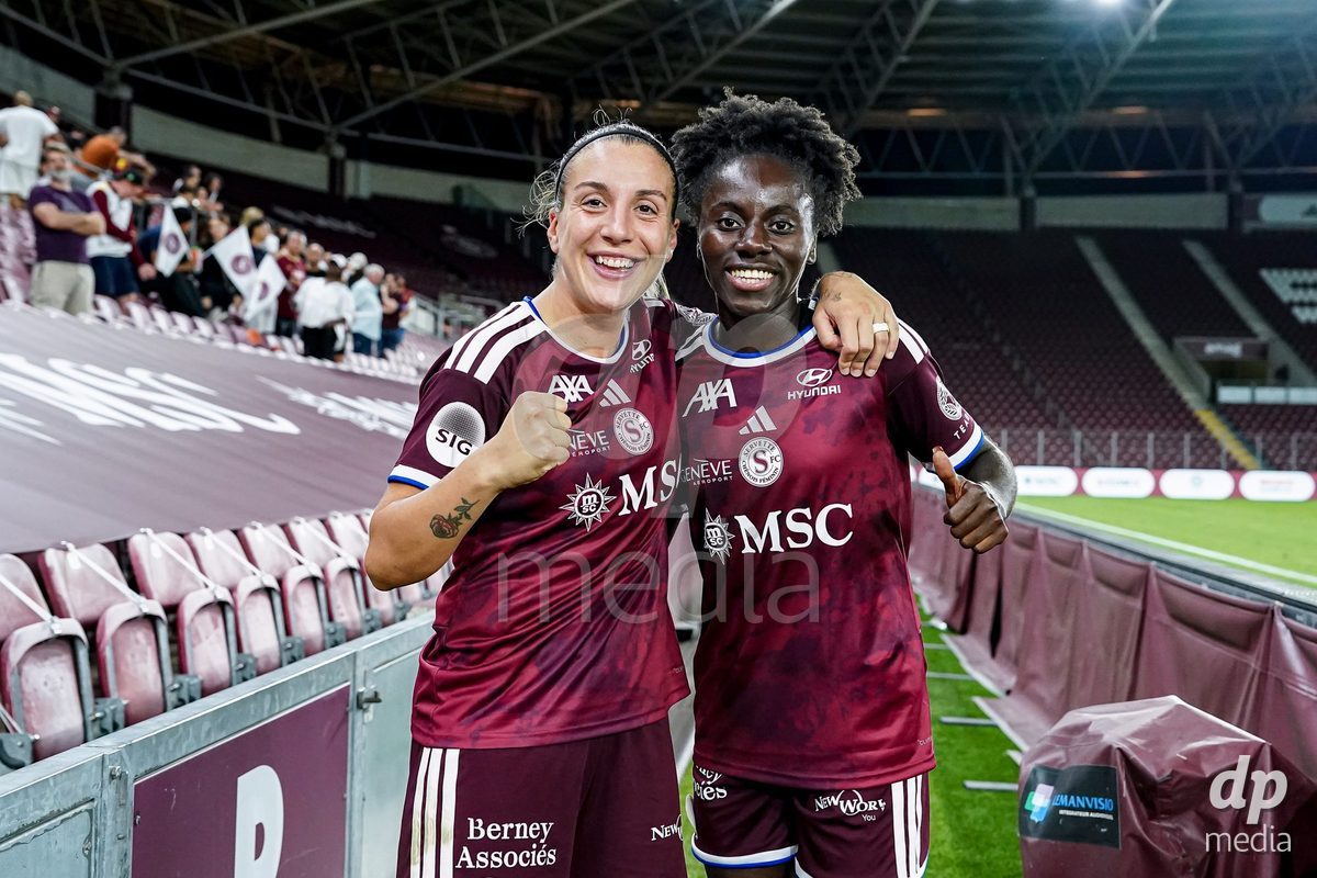 Geneva, Switzerland - September 2: Gloria Marinelli of Servette FC Chenois Feminin (L) and Benedicte Simon of Servette FC Chenois Feminin celebrate the victory and entry into the UWCL league phase   during the UEFA Women's Champions League match between Servette FC Chenois Feminin and AC Sparta Praha at Stade de Geneve on September 2, 2026 in Geneva, Switzerland.