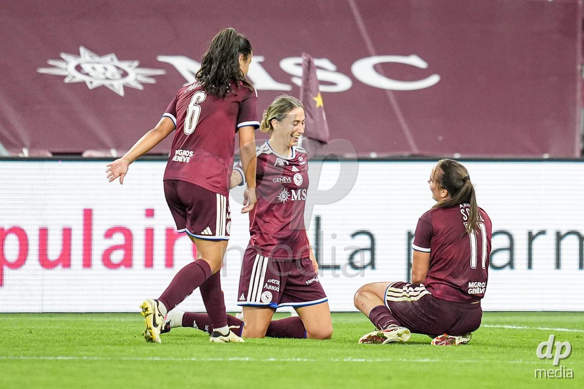 Geneva, Switzerland - September 2: (L-R) Paola Hernandez, Laia Balleste Sciora and Magdalena Izabela Sobal of Servette FC Chenois Feminin celebrate the third team goal during the UEFA Women's Champions League match between Servette FC Chenois Feminin and AC Sparta Praha at Stade de Geneve on September 2, 2026 in Geneva, Switzerland.