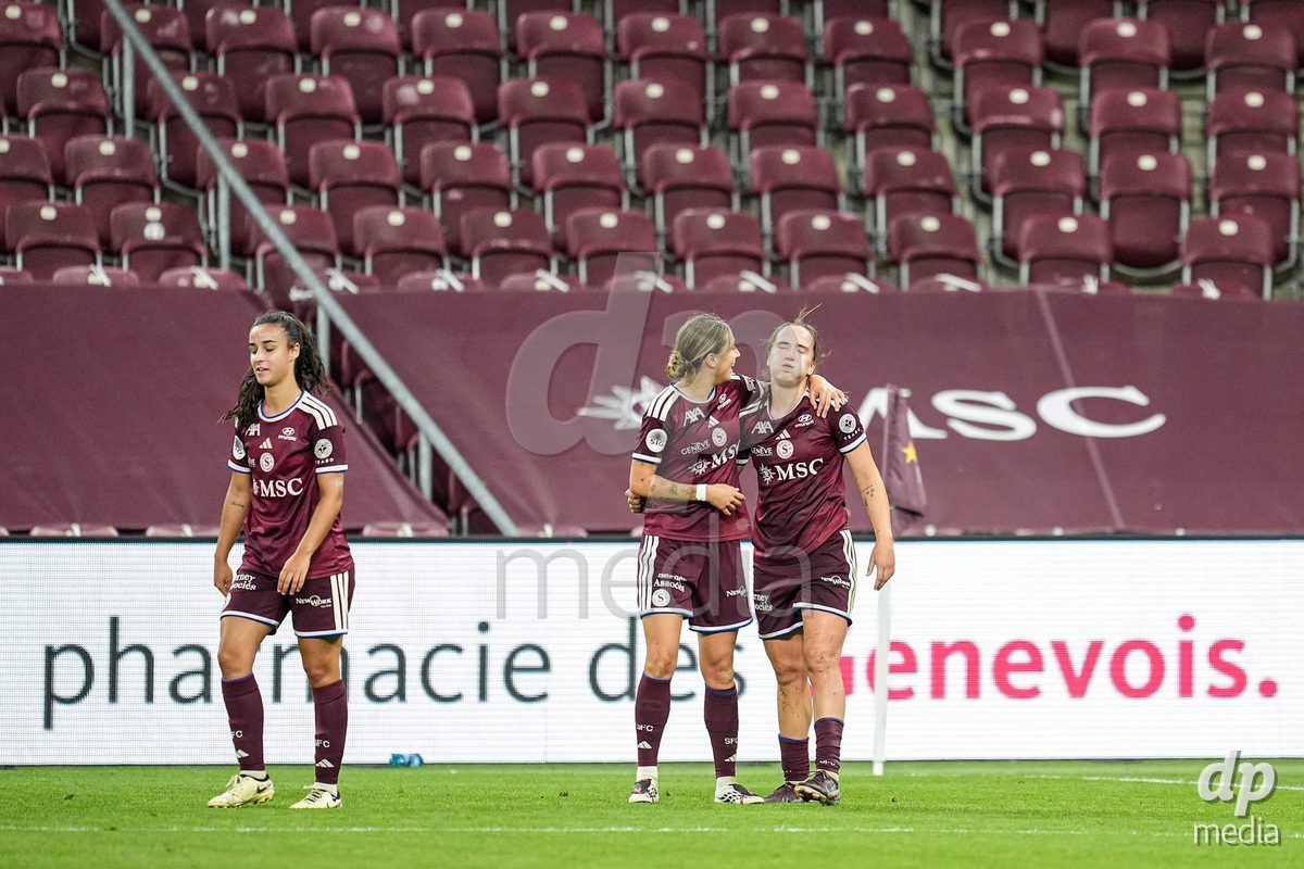 Geneva, Switzerland - September 2: (L-R) Paola Hernandez, Laia Balleste Sciora and Magdalena Izabela Sobal of Servette FC Chenois Feminin celebrate the third team goal during the UEFA Women's Champions League match between Servette FC Chenois Feminin and AC Sparta Praha at Stade de Geneve on September 2, 2026 in Geneva, Switzerland.