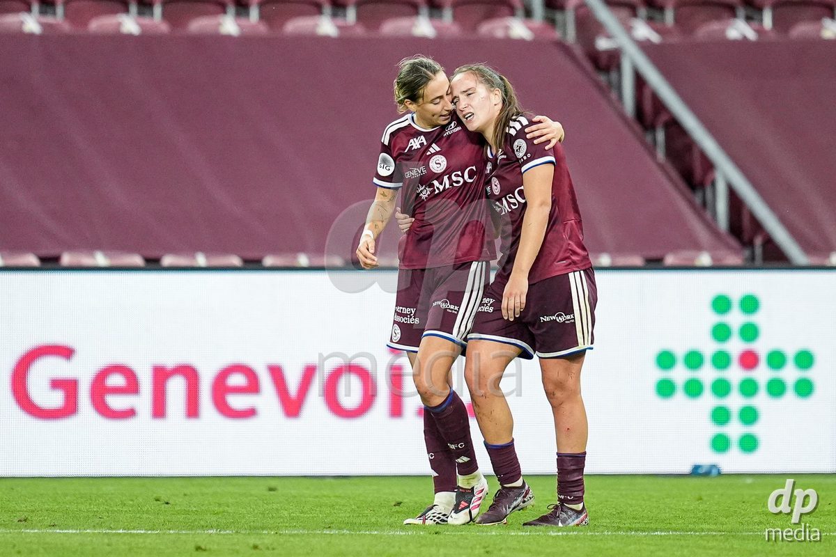 Geneva, Switzerland - September 2: Laia Balleste Sciora and Magdalena Izabela Sobal of Servette FC Chenois Feminin (R) celebrate the third team goal during the UEFA Women's Champions League match between Servette FC Chenois Feminin and AC Sparta Praha at Stade de Geneve on September 2, 2026 in Geneva, Switzerland.