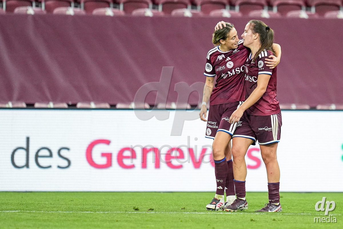Geneva, Switzerland - September 2: Laia Balleste Sciora and Magdalena Izabela Sobal of Servette FC Chenois Feminin (R) celebrate the third team goal during the UEFA Women's Champions League match between Servette FC Chenois Feminin and AC Sparta Praha at Stade de Geneve on September 2, 2026 in Geneva, Switzerland.